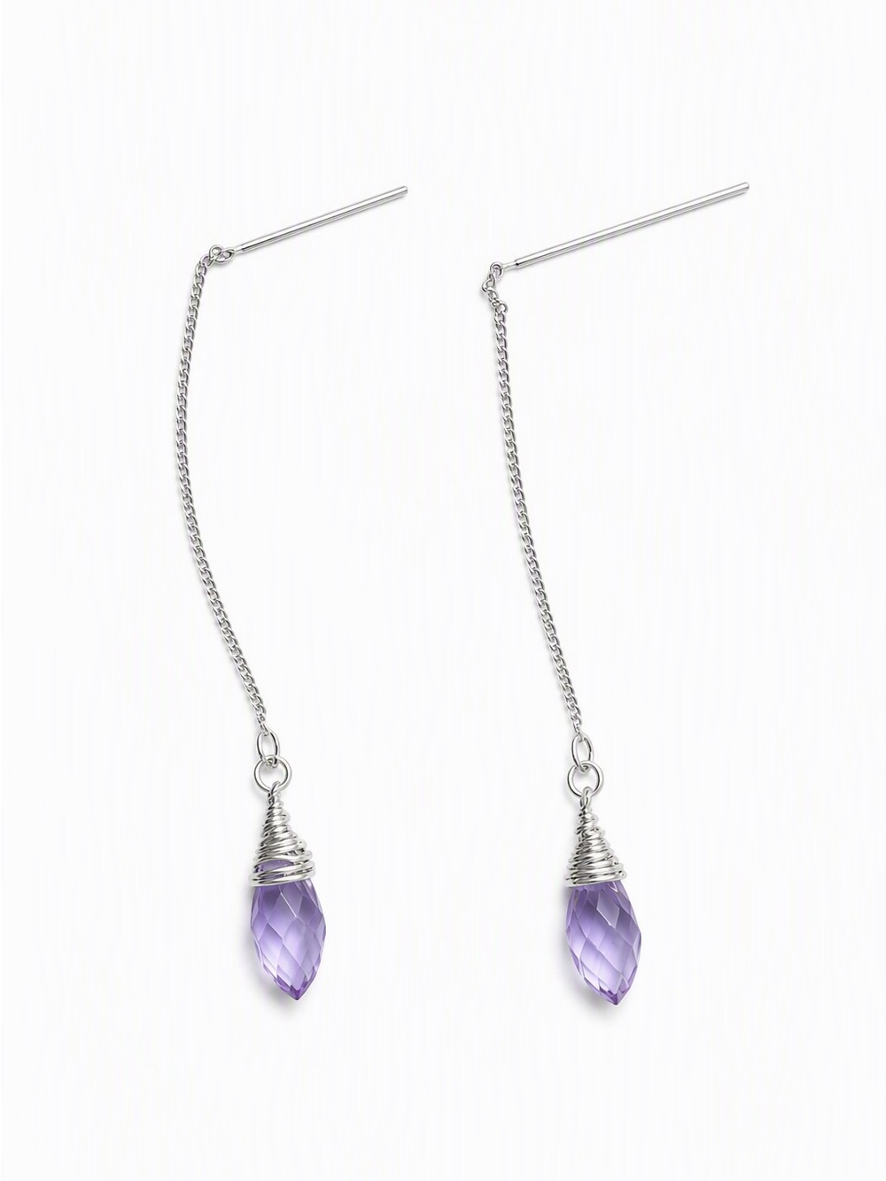 Sliver earring threaders with purple glass beads